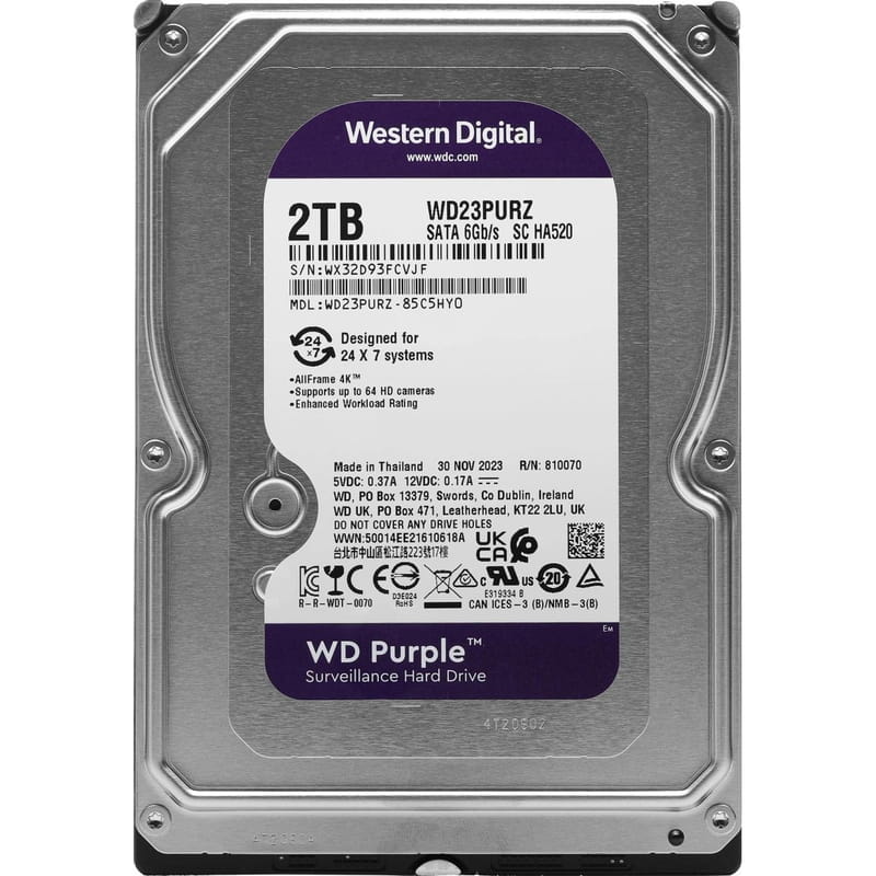 Накопитель HDD SATA 2.0TB WD Purple 5400rpm 64MB (WD23PURZ)