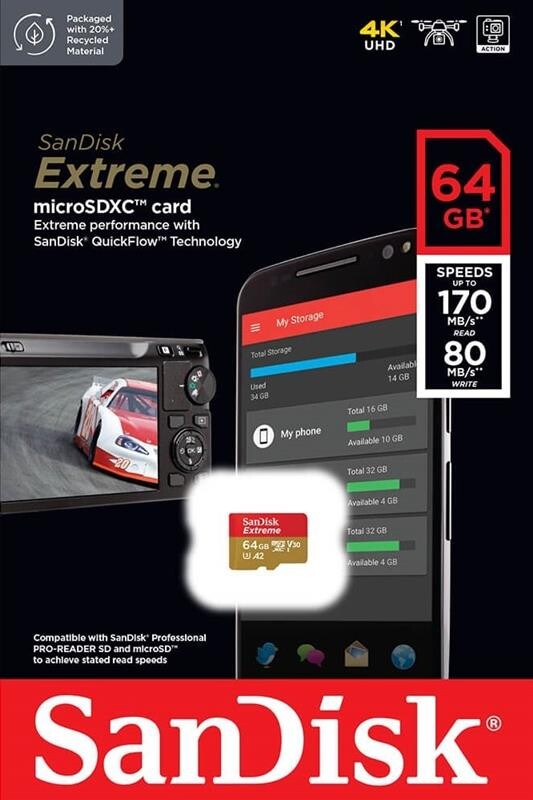 Карта пам`ятi MicroSDXC 64GB C10 UHS-I SanDisk Extreme V30 U3 R170/W80MB/s (SDSQXAH-064G-GN6AA)