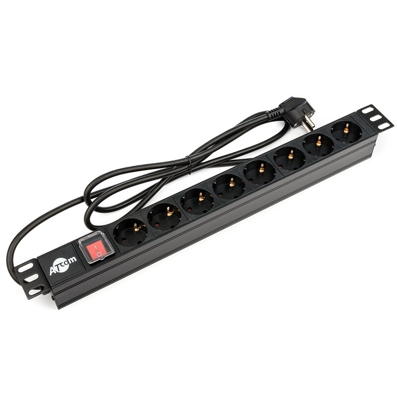 Блок розеток Atcom 1U 19" (PDU-8W-C2С-WS) 8 розеток, с выключателем, алл. корпус, немецкий тип, 2,0 м, черный