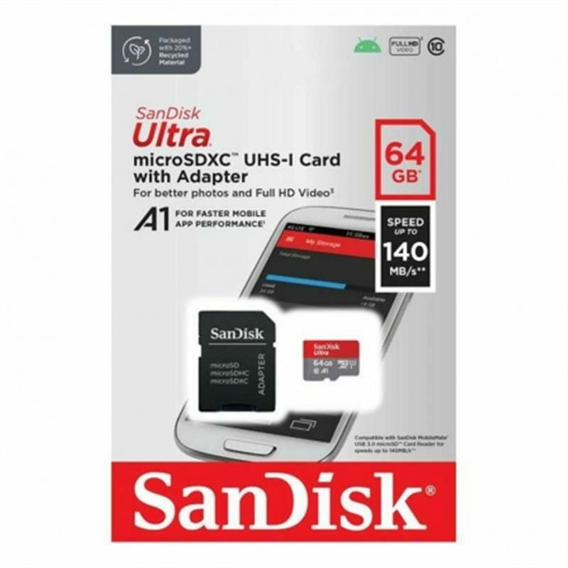 Карта памяти MicroSDXC  64GB UHS-I Class 10 SanDisk Ultra A1 R140MB/s + SD-adapter (SDSQUAB-064G-GN6MA)