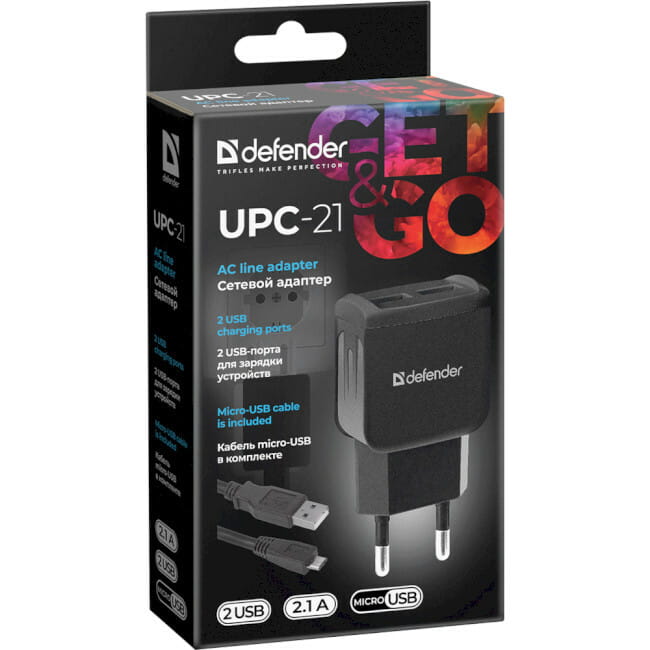 Мережевий зарядний пристрій Defender UPC-21 (2xUSB 2.1А) + кабель micro USB 1 м Black (83581)