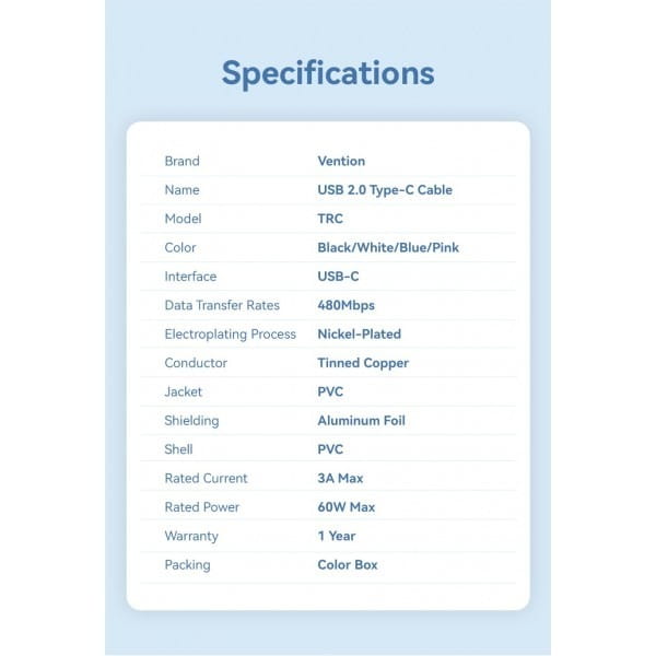 Кабель Vention USB Type-C - USB Type-C (M/M), 1 м, White (TRCWF)