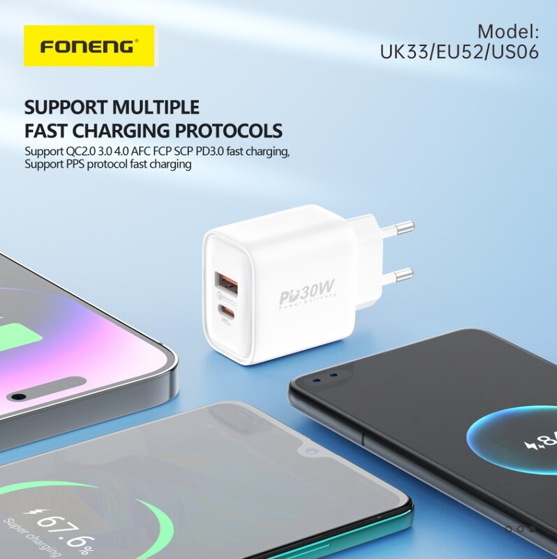 Сетевое зарядное устройство Foneng EU52-CH PD 30W (1xUSB, 1xType-C) White