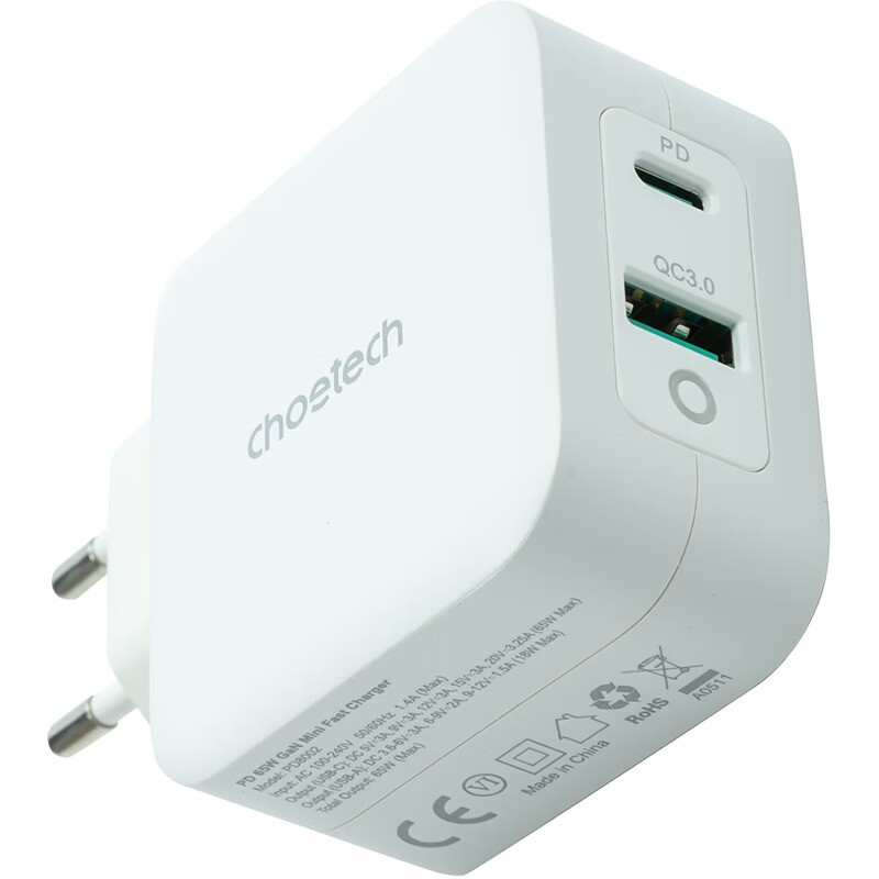 Сетевое зарядное устройство Choetech GaN USB Type-C, USB Type-A 65W PD 3.0 QC 3.0 White (PD8002)