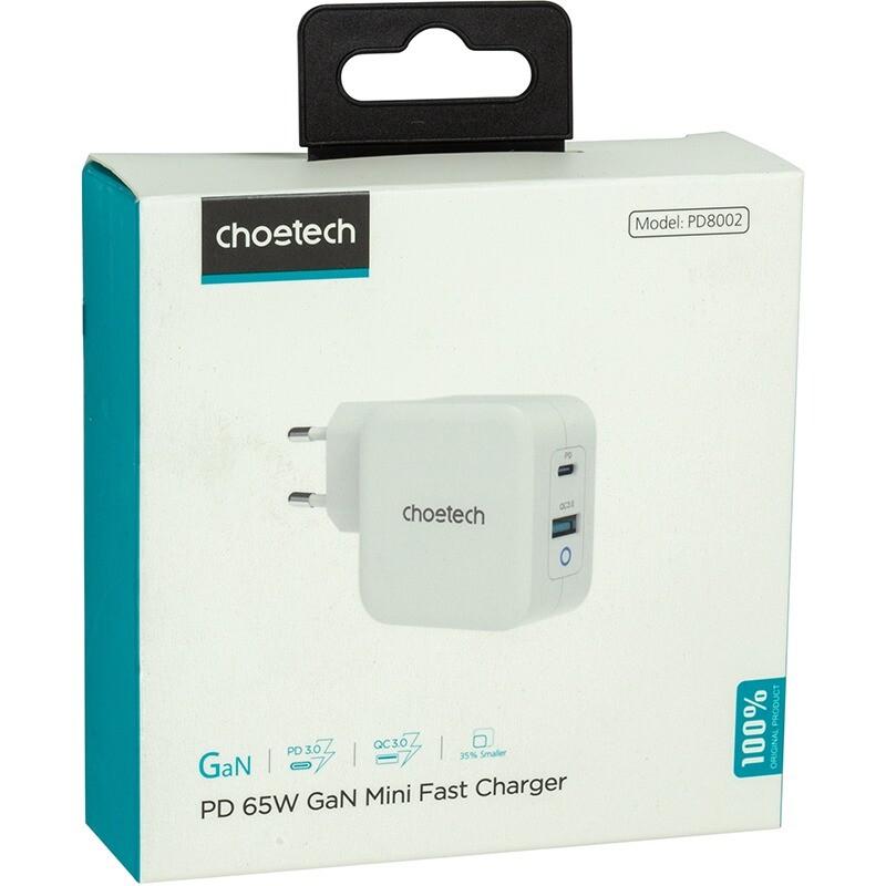Сетевое зарядное устройство Choetech GaN USB Type-C, USB Type-A 65W PD 3.0 QC 3.0 White (PD8002)