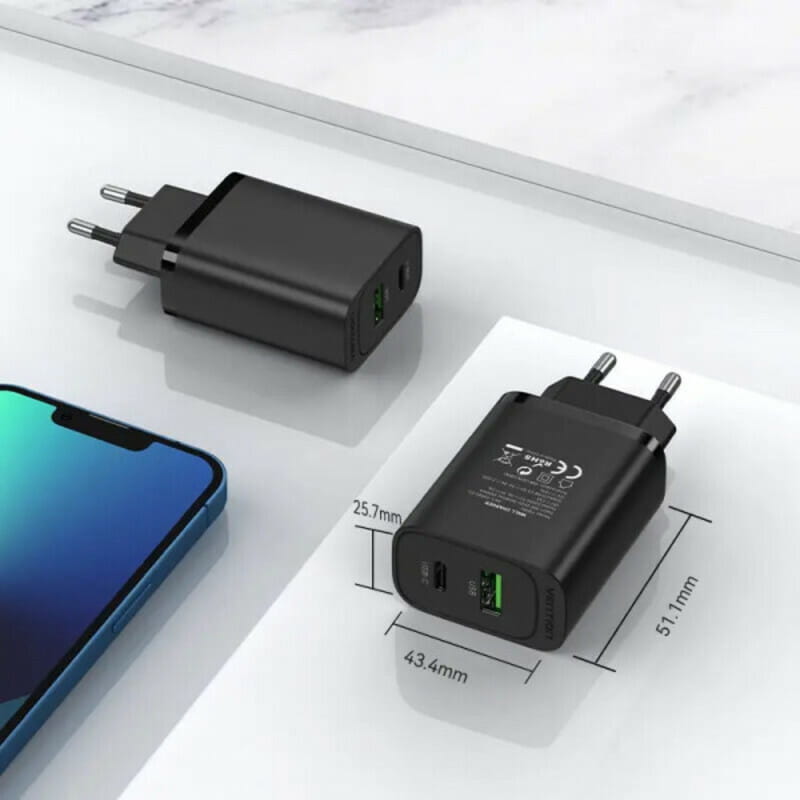 Сетевое зарядное устройство Vention USB Type A + QC3.0 USB-C + QC4.0 (38W), Black (FBIB0-EU)
