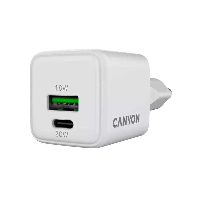 Сетевое зарядное устройство Canyon CU20AC GaN (2USB, 0.6A) PD, QC 4.0 White (CNS-CUW20AC)