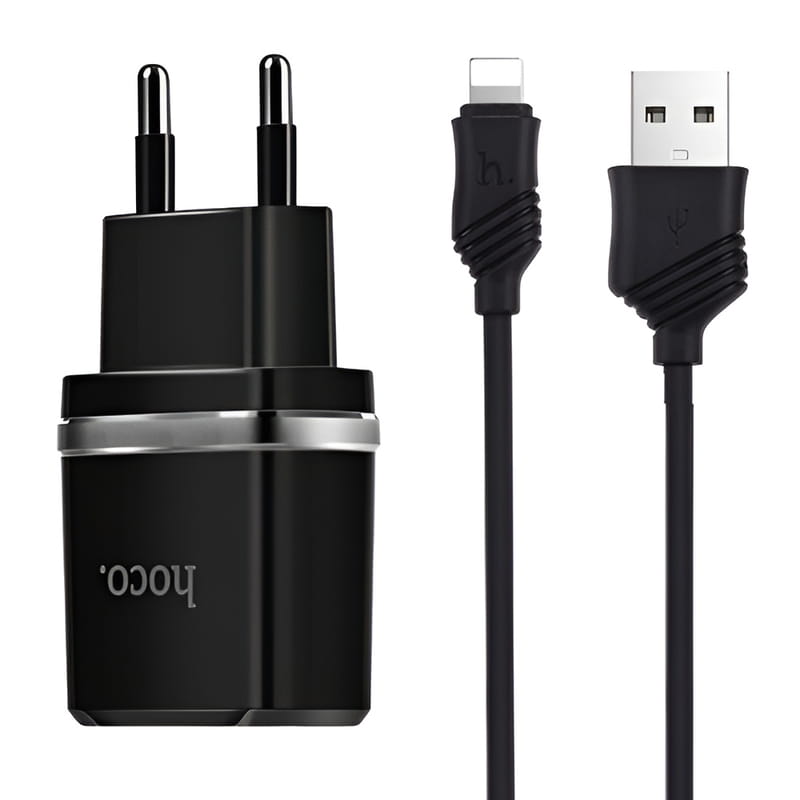 Сетевое зарядное устройство Hoco C12 Smart 2.4A 2USB Black (S23146) + кабель Lightning