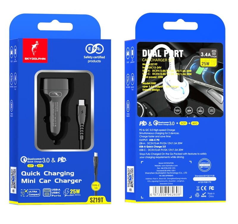 Автомобильное зарядное устройство SkyDolphin SZ19T PD 20W + QC3.0 20W Black (SDAZP-000104) + кабель Type-C