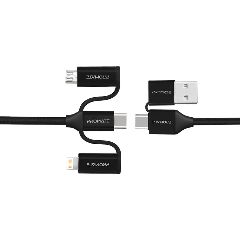 Кабель Promate PentaPower USB + USB Type-C -  Lightning + micro USB + USB Type-C (M/M), 3 A, 60 W, 1.2 м, Black