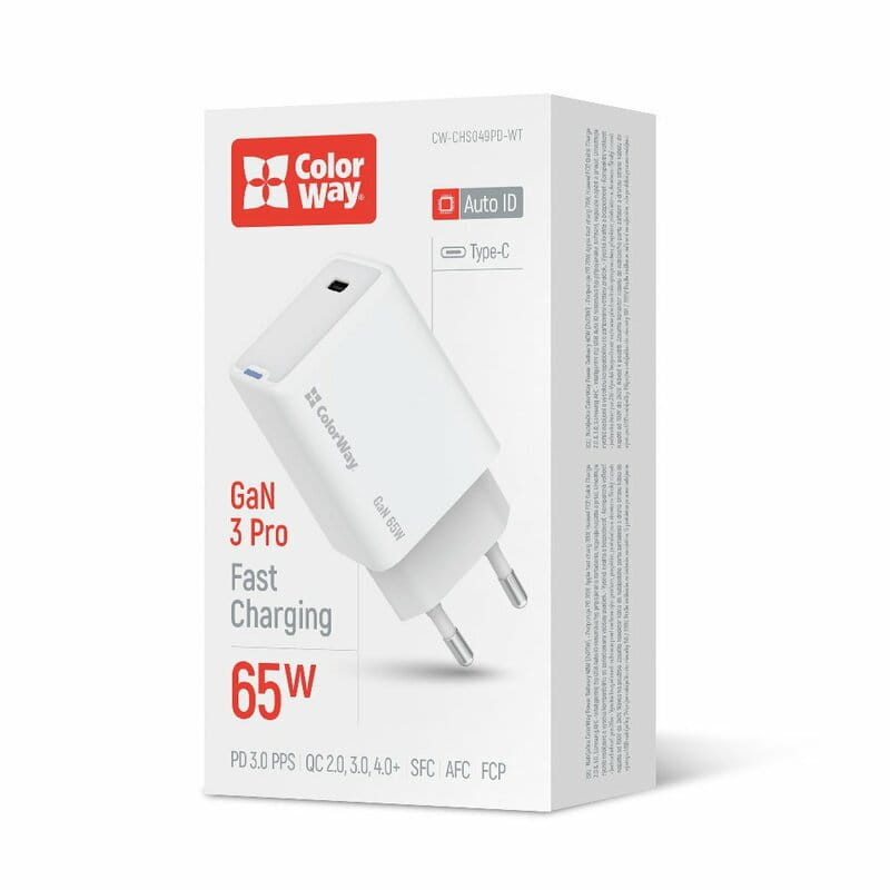 Мережевий зарядний пристрій ColorWay GaN Mini 65W PD Port PPS USB-C White (CW-CHS049PD-WT)