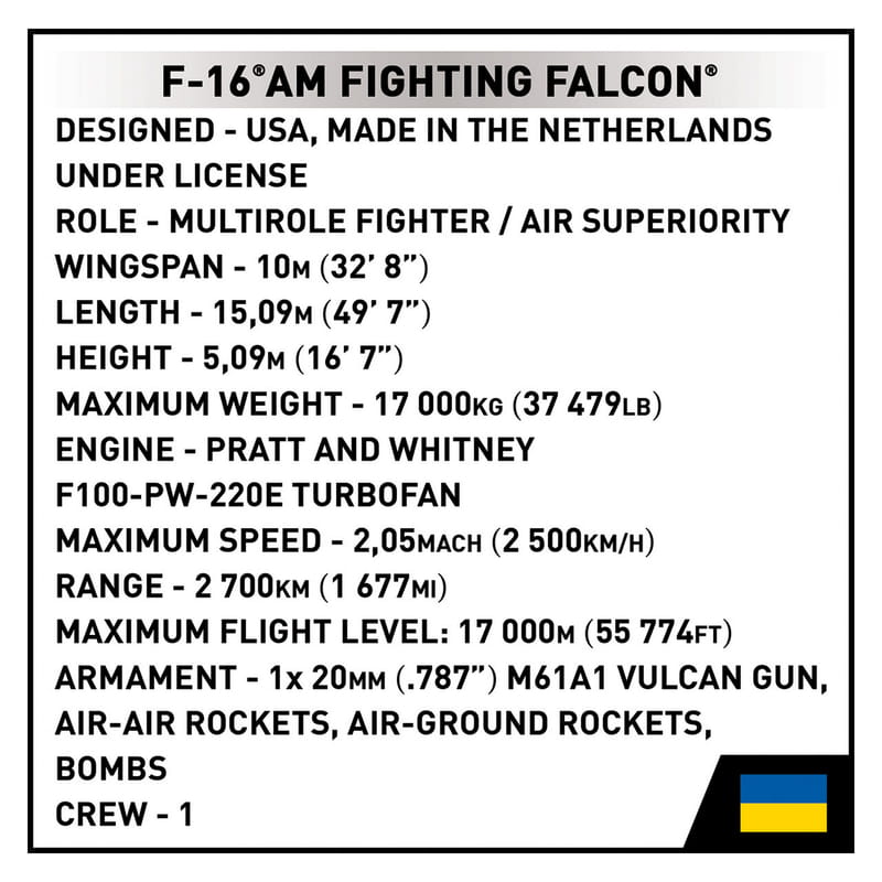 Конструктор COBI Літак F-16AM Fighting Falcon (UA), 500 деталей (COBI-5893)