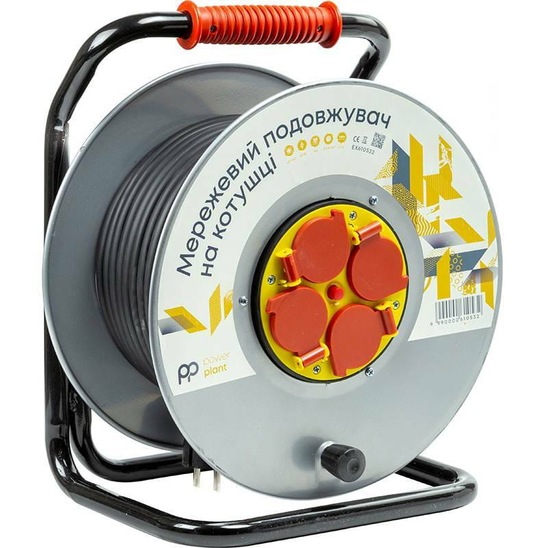 Подовжувач на котушці PowerPlant JY-20022/40 4 розетки,16А, 3x2.5мм, 40 м, 100% мідь Grey (EX610532)