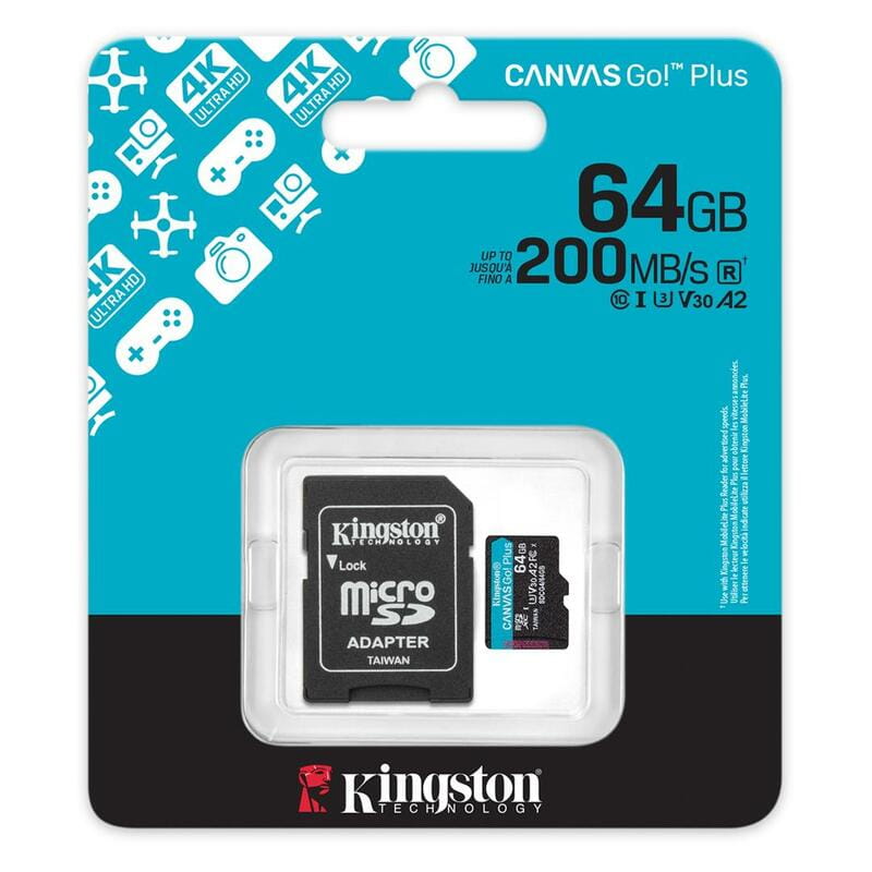 Карта памяти MicroSDXC   64GB UHS-I/U3 Class 10 Kingston Canvas Go! Plus R200/W200MB/s + SD-адаптер (SDCG4/64GB)