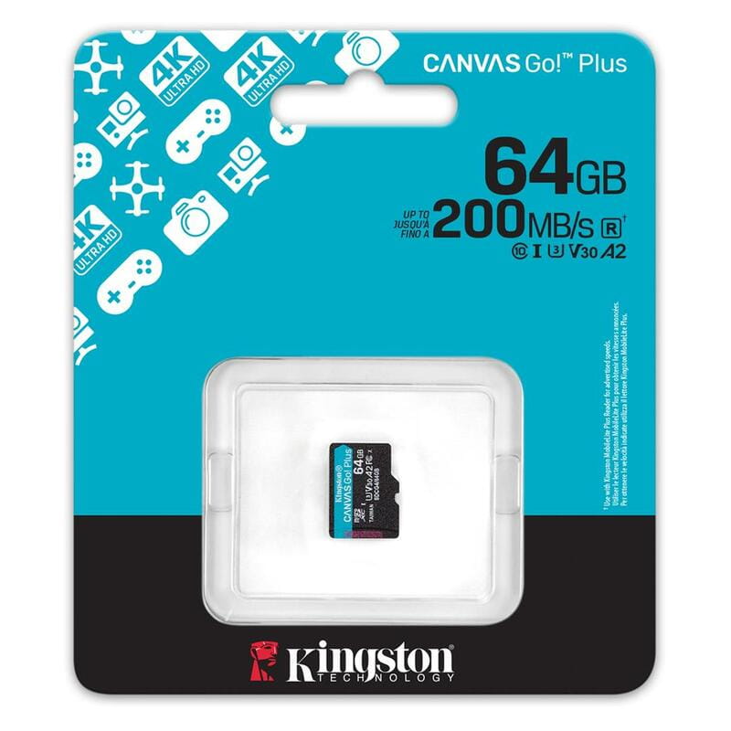 Карта пам`яті MicroSDXC  64GB UHS-I/U3 Class 10 Kingston Canvas Go! Plus R200/W200MB/s (SDCG4/64GBSP)