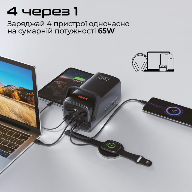 Універсальна мобільна батарея Techno 80000mAh PD 65W QC 3.0 Black (powerbank-80)