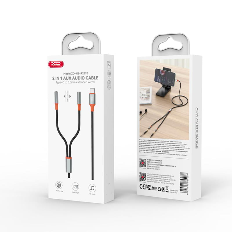 Кабель XO AUX 2х3.5 мм - USB Type-C (F/M), 1 м, Black (NB-R269B.black)
