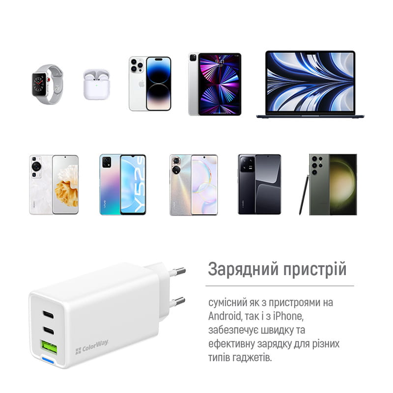 Мережевий зарядний пристрій ColorWay GaN Mini 65W PD Port PPS USB (USB-2C1A) White (CW-CHS058PD-WT)