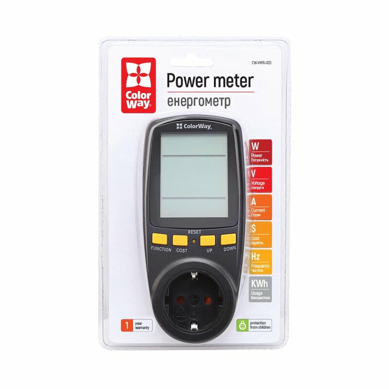 Энергометр цифровой (W/V/A/C/Hz/KWh) СolorWay для розетки (16A/3680W) (CW-VM16-02D)