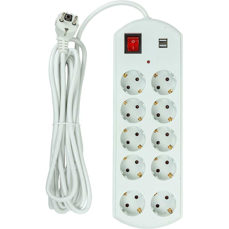 Фільтр живлення PowerPlant YS-N6065/5 (EX610556) 10 розеток, 2xUSB, 5 м, євростандарт, білий