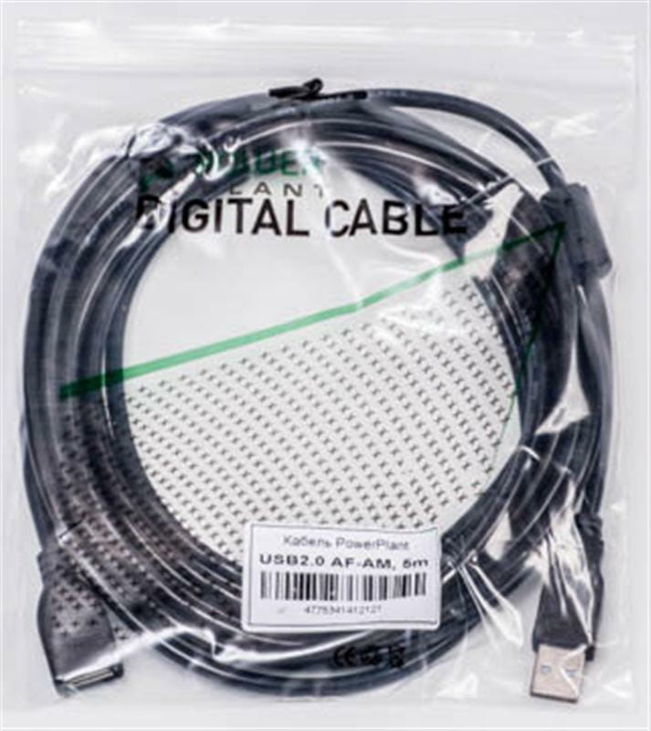 Кабель PowerPlant (KD00AS1212) USB2.0(AF)-USB2.0(AM), 5м, One ferrite, Black