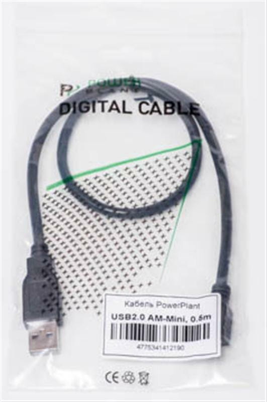 Кабель PowerPlant (KD00AS1219) USB2.0(AM)-MiniUSB(AM), 0.5м, Black