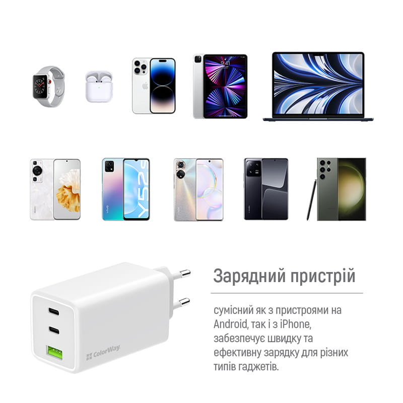 Мережевий зарядний пристрій ColorWay GaN Mini 100W PD Port PPS USB (USB-2C1A) White (CW-CHS061PD-WT)