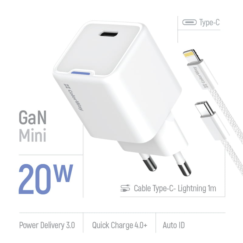Мережевий зарядний пристрій ColorWay GaN Mini 20W PD Port PPS USB-C White (CW-CHS059PD-WT) + кабель Lightning