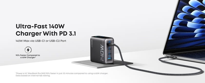 Сетевое зарядное устройство Anker Laptop GaN Charger Black, 140W 3xUSB-C 1xUSB-A Display (B2697GZ1) + кабель USB Type-C