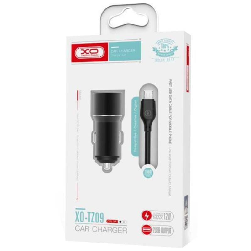Автомобільний зарядний пристрій XO TZ09 (2USB, 2.4A) Black (6920680873500) + кабель USB Type-C