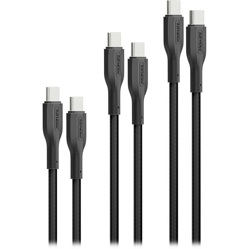 Комплект кабелів Promate USB Type-C - USB Type-C (M/M), 3A, 60W, 0.3 м, 1.2 м, 2 м Black (cablekit-cc.black)