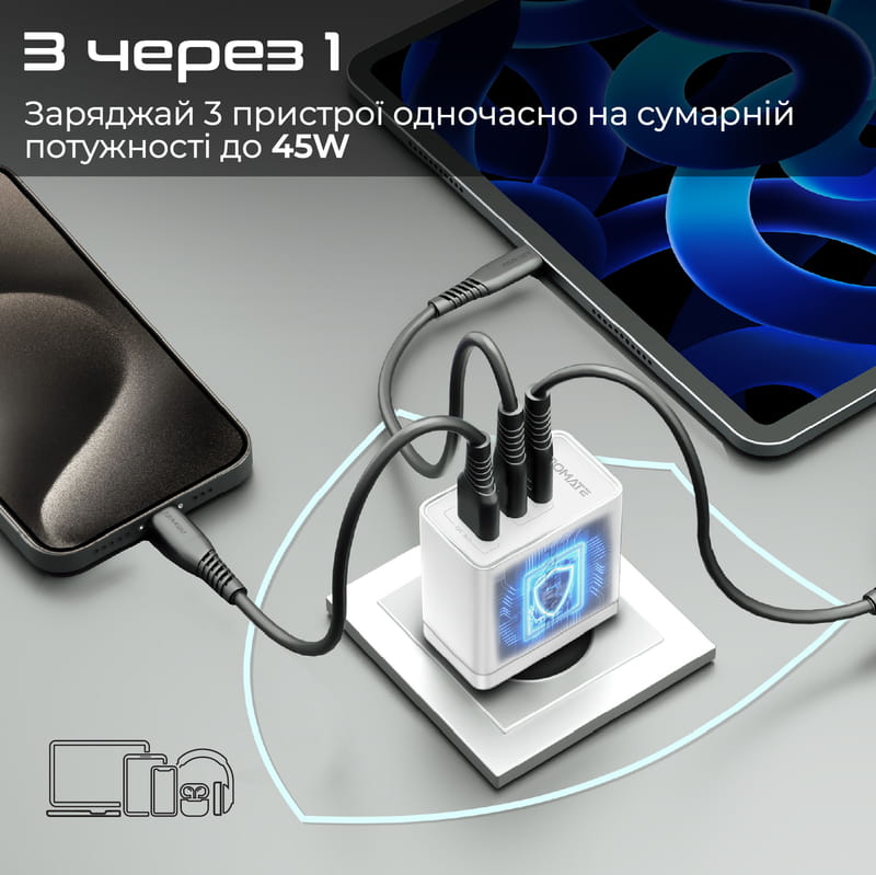 Зарядное устройство Promate PowerPort 45W White