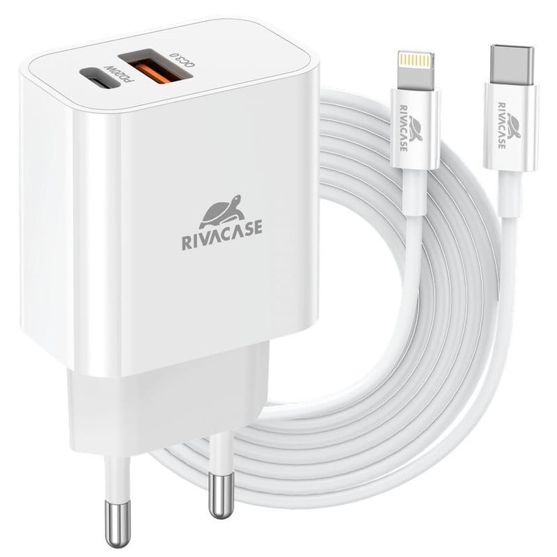 Зарядное устройство Rivacase PS4102 WD5 (USBх3A, USB-Cх3A) 20W White + кабель USB Type-C/Lightning