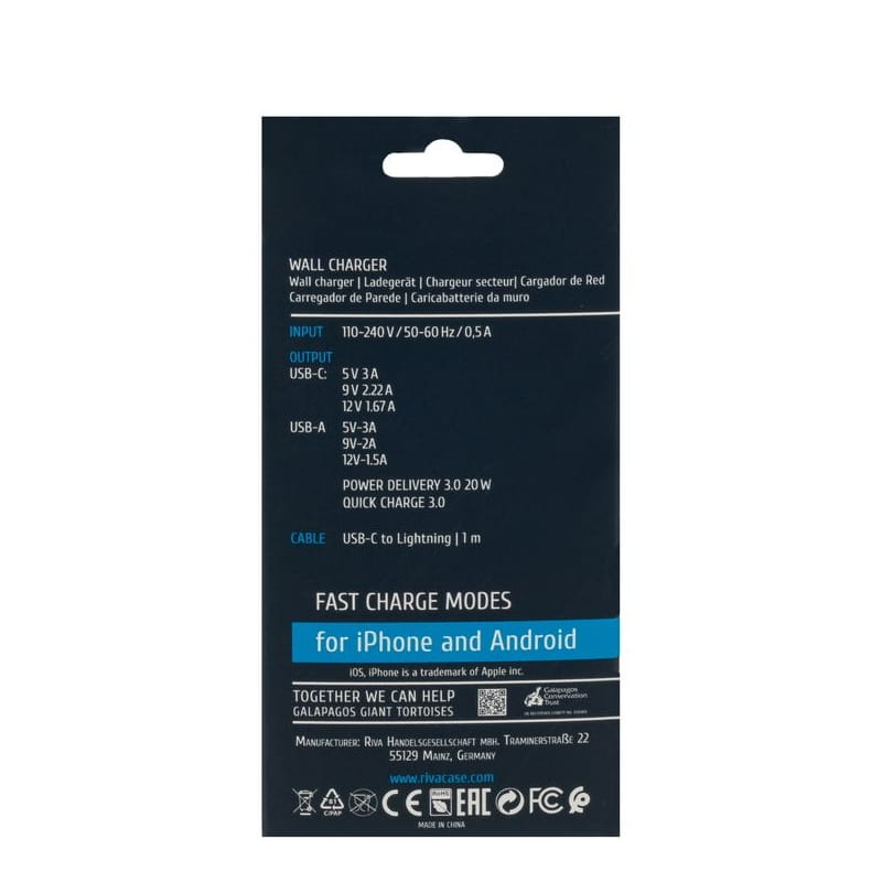 Зарядное устройство Rivacase PS4102 WD5 (USBх3A, USB-Cх3A) 20W White + кабель USB Type-C/Lightning