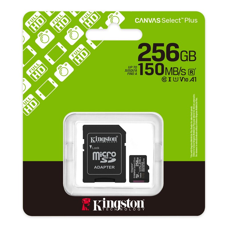 Карта памяти MicroSDXC 256GB UHS-I Class 10 Kingston Canvas Select Plus R150MB/s + SD-адаптер (SDCS3/256GB)