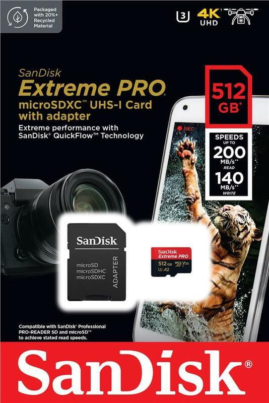 Карта памяти MicroSDXC 512GB UHS-I U3 R200/W140MB/s SanDisk Extreme Pro V30 + SD-адаптер (SDSQXCD-512G-GN6MA)