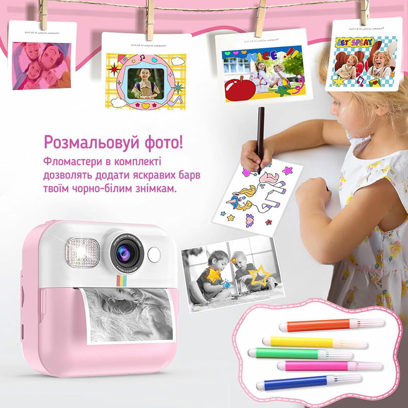 Дитячий фотоапарат ColorWay з функцією моментального друку Pink (CW-PHP01P)