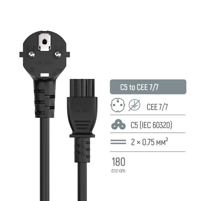 Кабель питания ColorWay CEE7/7-C5, 1.8 м, Black (CW-CBP083-BK)