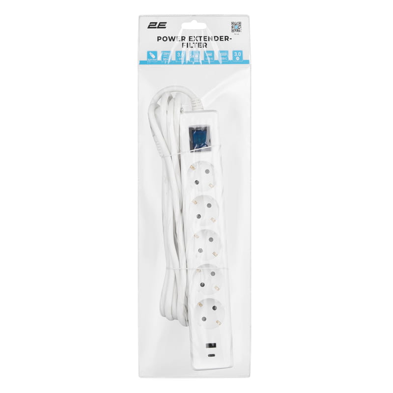 Сетевой фильтр 2E 5хSchuko, 1 х USB, 1 x USB-C, 3 м (2E-SP515M3USBWH)
