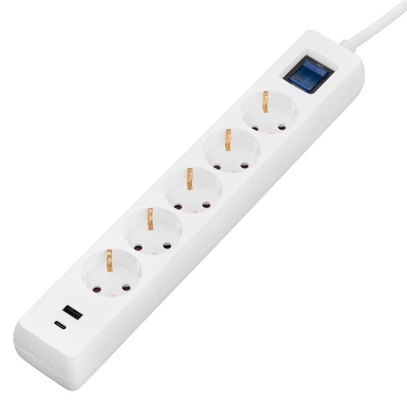 Сетевой фильтр 2E 5хSchuko, 1 х USB, 1 x USB-C, 3 м (2E-SP515M3USBWH)