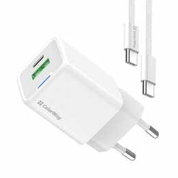 Мережевий зарядний пристрій ColorWay GaN Mini 20W PD Port PPS USB (Type-C PD + USB QC4.0) White (CW-CHS062PDC-WT) + кабель Type-C