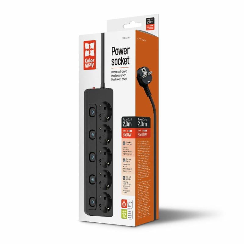 Фільтр живлення СolorWay (CW-PSEA52SBK) 5 розеток, 2м, Black