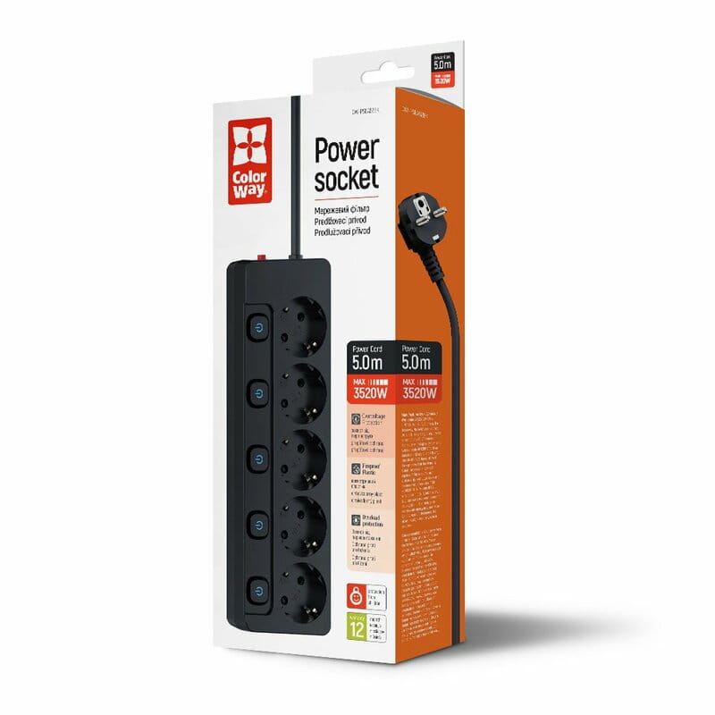 Фільтр живлення СolorWay (CW-PSEA55SBK) 5 розеток, 5м, Black