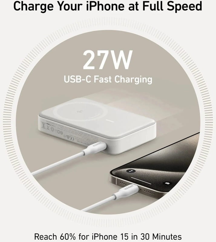 Універсальна мобільна батарея Anker MagGo 10000mAh 27W White (A1654G21)