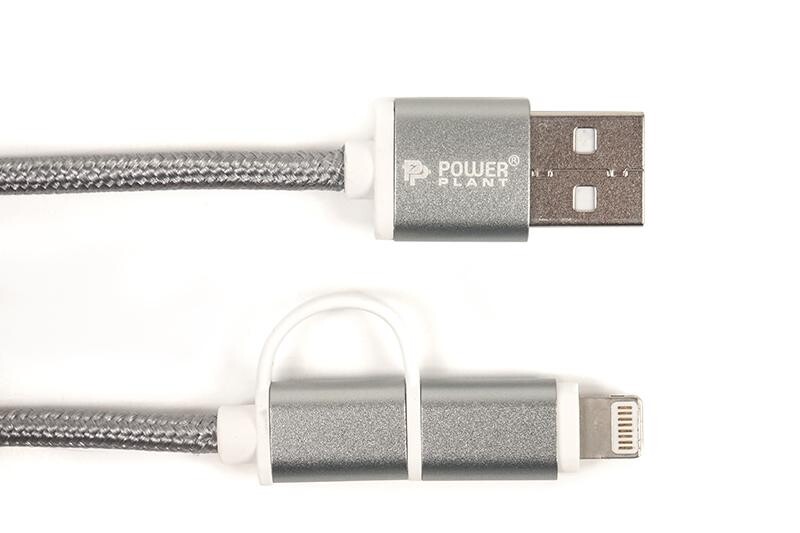 Кабель PowerPlant Quick Charge 2A 2-в-1 cotton USB 2.0 AM – Lightning/Micro, 2м, Grey (CA910496)