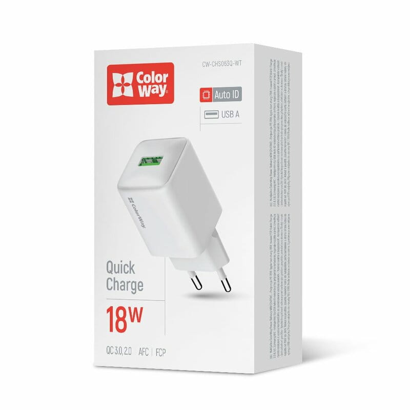 Мережевий зарядний пристрій ColorWay 1USB Quick Charge 3.0 (18W) V2 White (CW-CHS063Q-WT)