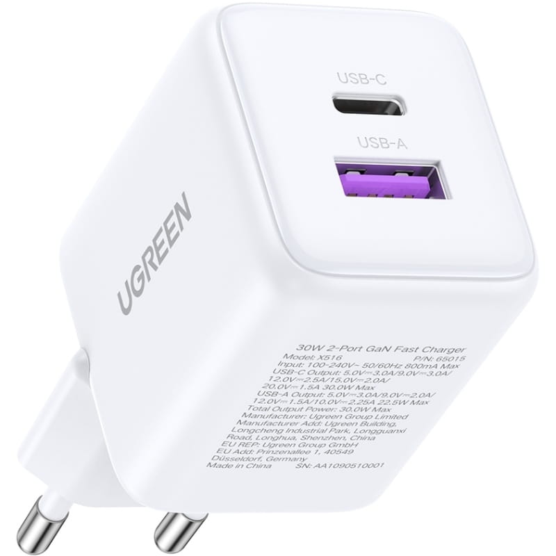 Зарядное устройство Ugreen X516 2xUSB 30W (USB-A + USB-C) White (65015)