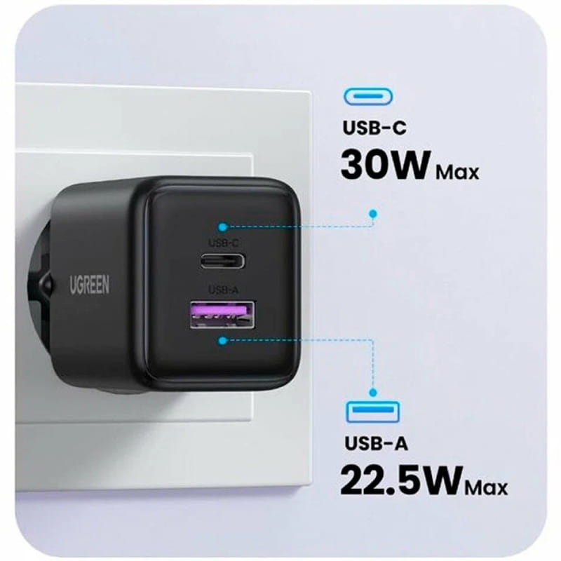 Зарядное устройство Ugreen X516 2xUSB 30W (USB-A + USB-C) Black (65014)