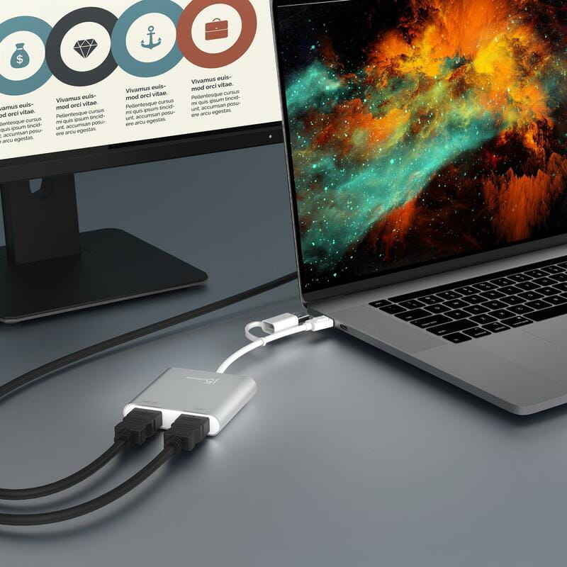 Адаптер J5create USB-C/A - 2 HDMI (M/F), Silver (JCA365-N)