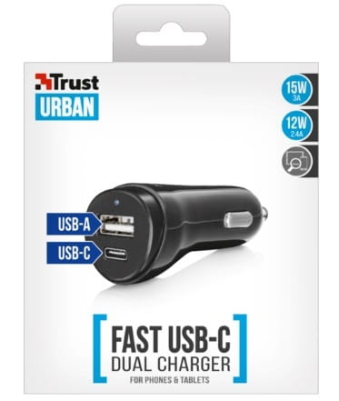 Автомобильное зарядное устройство Trust Urban USB-C&USB (USB-Ax2.4A, USB-Cx3.0A) Black (21588)